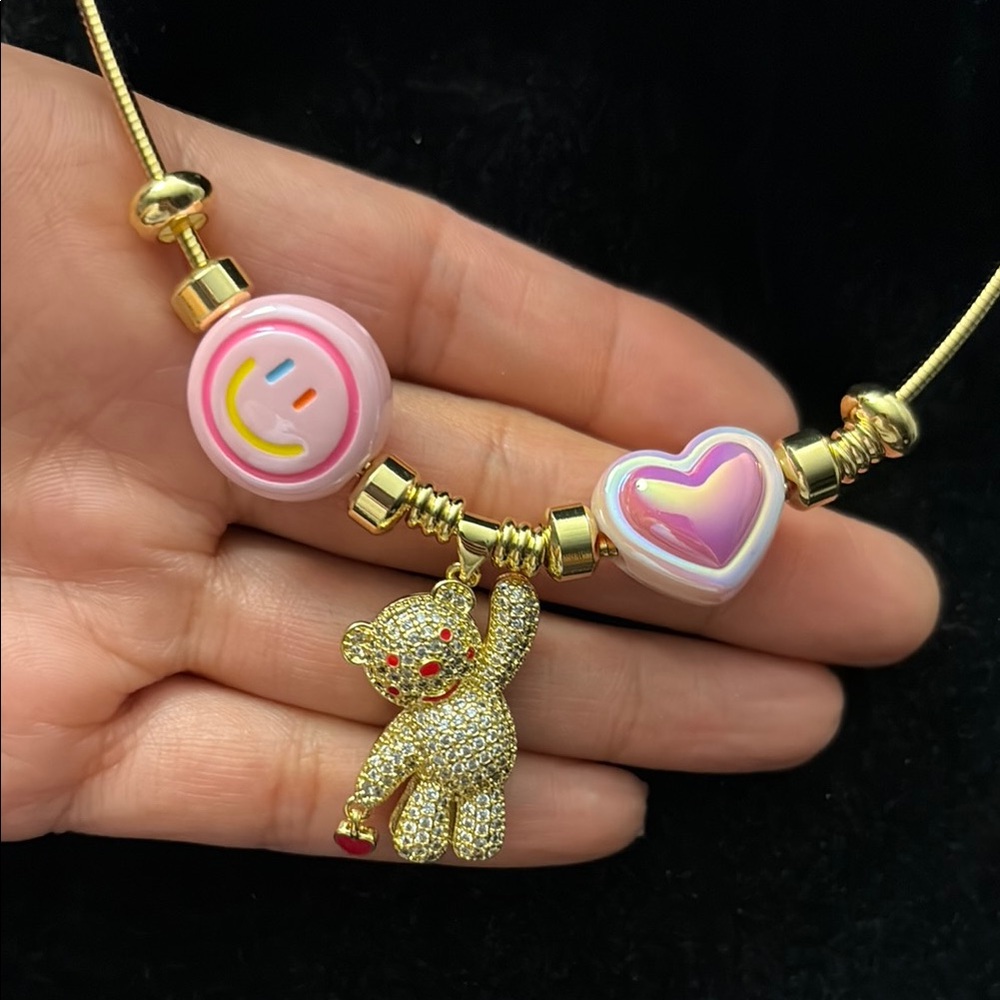 Gold Necklace with Pink Charms - Picture 9 of 12